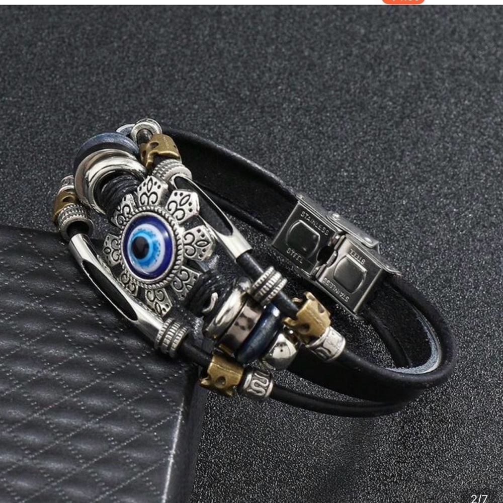 Black Leather Men's Bracelet with Blue Evil Eye Accent and Mixed Metal Details